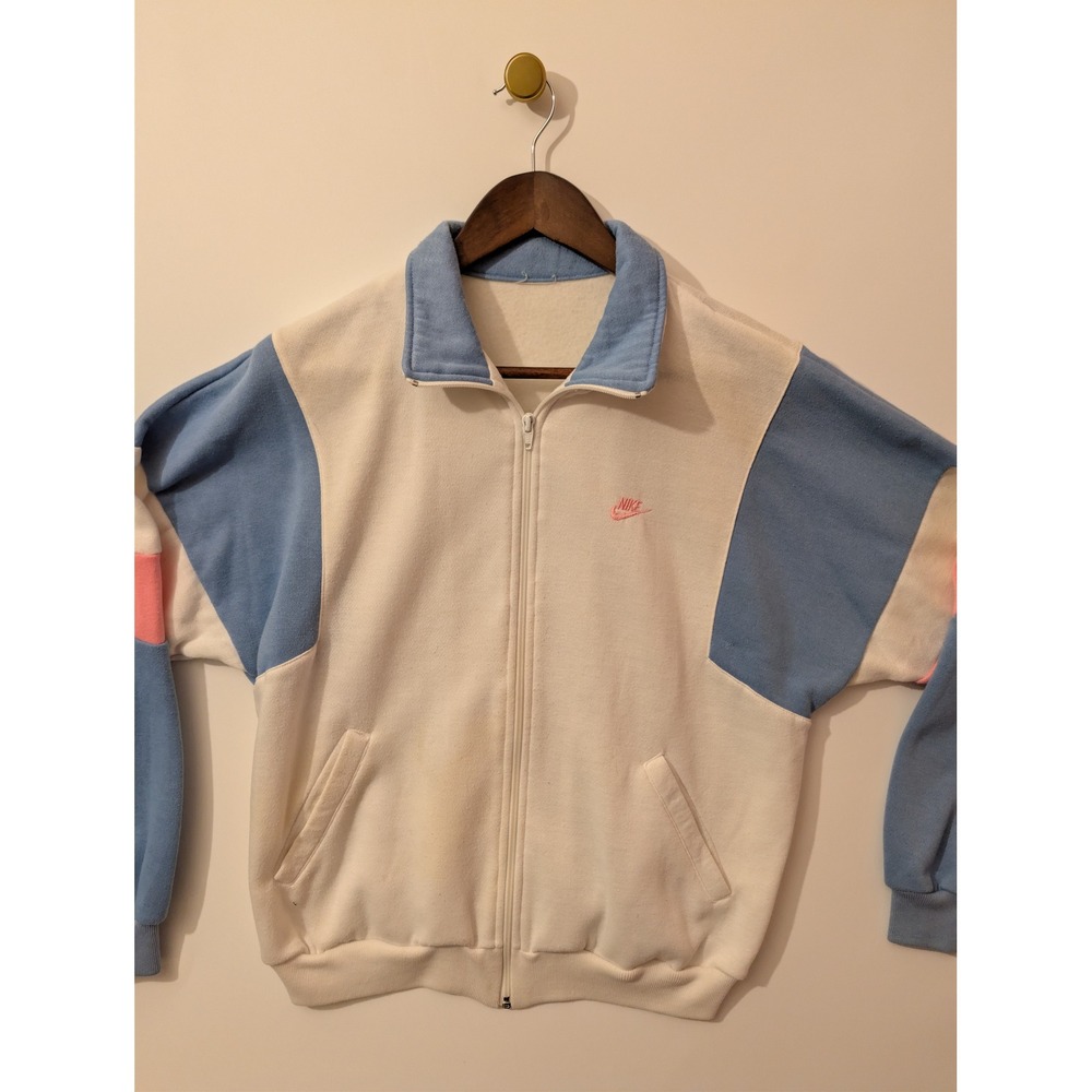 Nike Track Jacket Women L Cream Blue Pink Good Vintage Colorblock Full Zip Retro